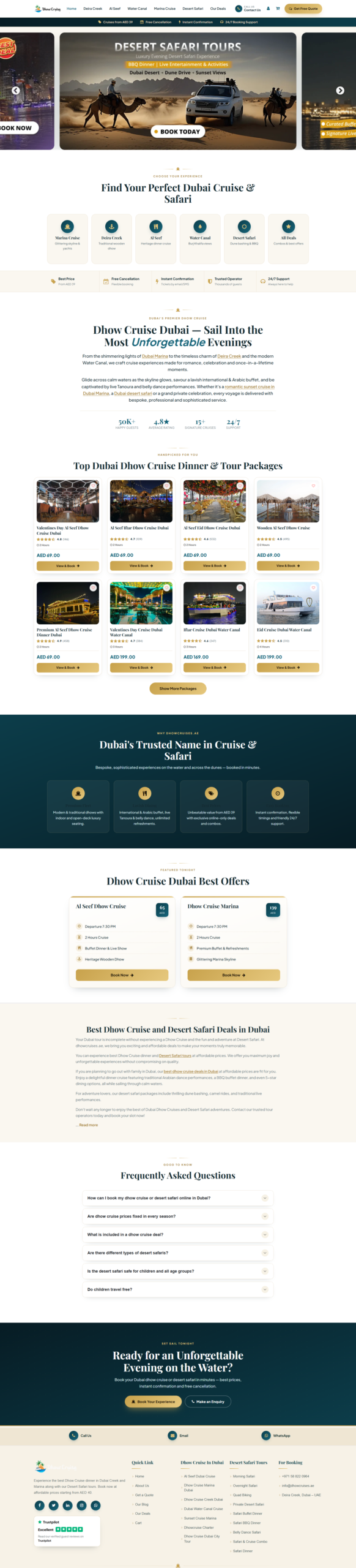 Dubai Dhow Cruise website homepage design, dhow cruise and safari tours
