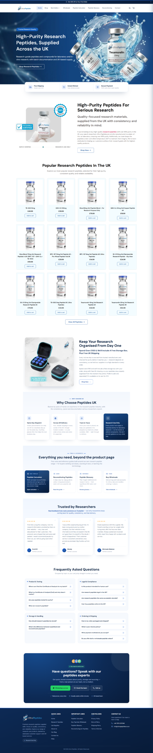 Peptides UK website homepage design, woocommerce peptide shop
