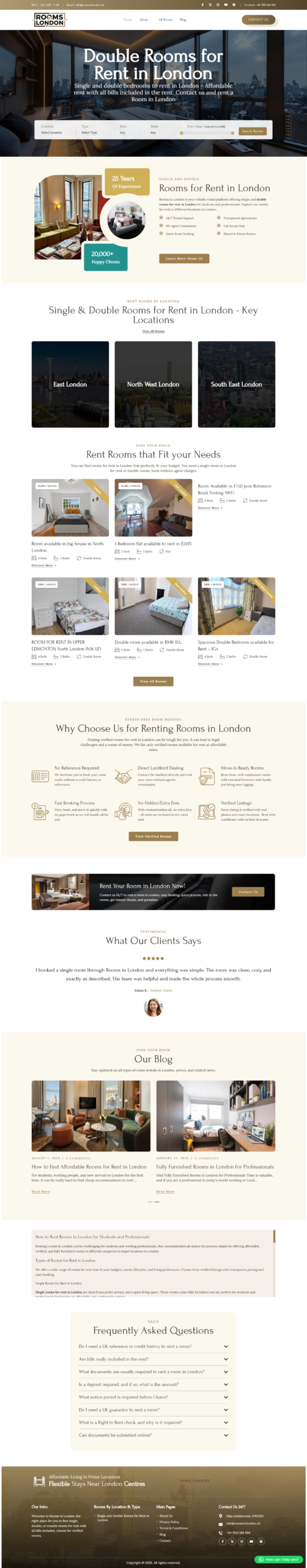 Rooms in London website homepage design, room rental company