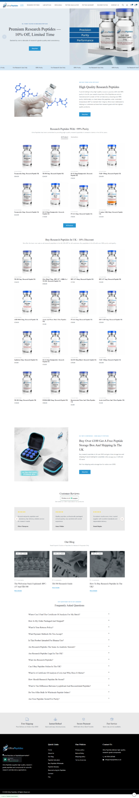 Ultra Peptides UK website homepage design, Shopify store